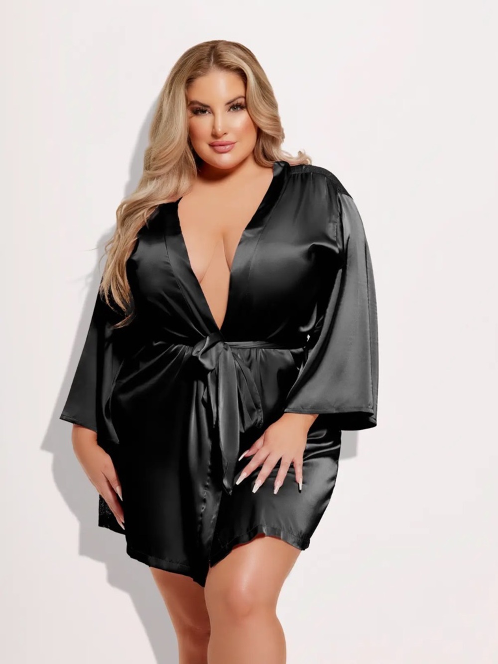 Plus Size Satin Robe with Lace Back & Tie - Black- Plus available